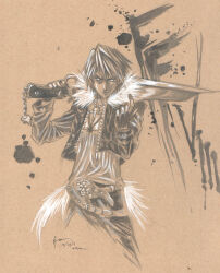  1boy 2011 beckoning belt belt_buckle buckle chain copyright_name cropped_jacket dated dominic_ian_cabatit final_fantasy final_fantasy_viii fur-trimmed_collar fur-trimmed_jacket fur_trim gloves gunblade hand_up hands_up highres holding holding_sword holding_weapon index_finger_raised jacket jewelry male_focus monochrome necklace nick-ian over_shoulder scar scar_on_face serious short_hair squall_leonhart sword taunting timestamp v-shaped_eyebrows weapon weapon_over_shoulder 