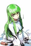  1girl c.c. code_geass creayus green_hair long_hair looking_at_viewer pocky solo straitjacket yellow_eyes 