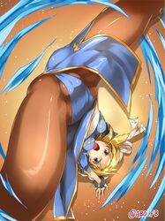  1girl abo_(hechouchou) blonde_hair china_dress chinese_clothes chun-li chun-li_(cosplay) cosplay double_bun gita_(granblue_fantasy) granblue_fantasy pantyhose short_hair street_fighter upside-down 