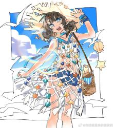  1girl artist_request bag blue_bow blue_choker blue_eyes blue_shorts blue_sky border bow brown_hair choker clouds commission dress feet_out_of_frame fishnet_dress hand_on_headwear hand_up hat highres marcus_(on_the_white_sand)_(reverse:1999) marcus_(reverse:1999) medium_hair official_alternate_costume outside_border reverse:1999 second-party_source shell short_shorts shorts shoulder_bag simple_bird sky sleeveless sleeveless_dress solo standing starfish strapless straw_hat tube_top very_low_bun watermark weibo_watermark white_border white_tube_top wrist_bow yellow_hat 
