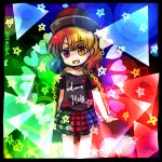  1girl :d bare_shoulders chain clothes_writing collar danmaku hat hecatia_lapislazuli long_hair lowres open_mouth pote_(ptkan) red_eyes redhead shirt skirt smile solo t-shirt touhou 