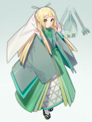  1girl absurdres alternate_costume alternate_hairstyle blonde_hair blunt_bangs blush braid celesteela celesteela_(cosplay) cosplay fua1heyvot4ifsr full_body geta gradient_background green_background green_eyes green_kimono green_sandals hair_ornament hair_stick half_up_half_down_braid hands_up highres japanese_clothes kimono layered_clothes lillie_(pokemon) long_hair long_sleeves looking_at_viewer looking_to_the_side okobo parted_lips platform_sandals pokemon pokemon_sm reference_inset sandals socks standing three_quarter_view w_arms white_background white_socks wide_sleeves 
