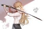  1girl ahoge artist_name blonde_hair blood blood_on_face bloody_clothes bloody_weapon commentary_request green_eyes hoshii_miki idolmaster katana korean long_hair rod_(rod4817) solo sword weapon 