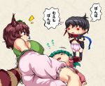  3girls animal_ears ass black_hair black_legwear blush_stickers bow breasts brown_eyes brown_hair closed_eyes covered_nipples crying crying_with_eyes_open diaper dog_ears futatsuiwa_mamizou glasses green_hair houjuu_nue kasodani_kyouko kneehighs large_breasts laughing leaf leaf_on_head looking_at_another lying multiple_girls on_back on_side onesie pince-nez raccoon_ears raccoon_tail red_eyes sad shirt_lift short_hair sideboob tail tank_top tarokii teardrop tears thighs toddler touhou translation_request watery_eyes wristband 