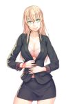 1girl and blonde_hair bra bracelet breasts cleavage contrapposto green_eyes head_tilt jacket jewelry large_breasts light_smile long_hair mustard_seeds no_shirt office_lady original pencil_skirt pink_bra red_string skirt slender_waist smile solo string underwear white_background 