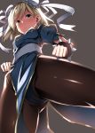  blonde_hair bracelet china_dress chinese_clothes chun-li_(cosplay) commentary_request double_bun from_below gita_(granblue_fantasy) granblue_fantasy highres jewelry nenemaru pantyhose pelvic_curtain short_hair solo spiked_bracelet spikes 
