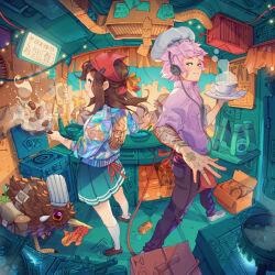  1boy 1girl apron aqua_skirt arm_tattoo artist_name awning bandaid bandaid_on_arm bandaid_on_cheek bandaid_on_face bandaid_on_finger bandaid_on_hand bird black_headphones black_pants blue_sky bowl box bread brown_hair brown_shoes can chef_hat chopsticks closed_mouth commentary cooking cooking_pot counter dated door drink_can english_commentary fire food food_stand frying_pan hat holding holding_frying_pan holding_plate indoors jacket ketchup_bottle kiwi_(bird) knife light_smile looking_back meatball menu multicolored_jacket noodles original pants people pink_hair pink_shirt plate pleated_skirt red_apron red_headscarf salt_shaker shirt shoes simz skirt sky skyline socks soda_can steam stove tattoo torn_clothes torn_pants watch watch white_hat white_shirt white_shoes white_socks 