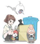  1girl box brown_hair cardboard_box cat drooling eating facial_hair food food_on_face geta ghost high_ponytail himojii japanese_clothes jibanyan kimono kodama_fumika long_hair mochiyanagi mustache notched_ear onigiri open_mouth pendant_watch purple_lips saliva simple_background squatting trash_bag trash_can watch whisper_(youkai_watch) white_background white_hair youkai youkai_watch youkai_watch_(object) 