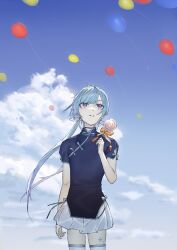  1boy amane_louis aqua_hair balloon blue_nails blue_shirt blunt_bangs bow candy clouds crossdressing food hair_bow holding holding_candy holding_food holding_lollipop leg_tattoo lollipop looking_up male_focus mi8pq miniskirt otoko_no_ko ribbon shirt skirt sky tattoo thigh-highs twintails utau violet_eyes white_thighhighs 