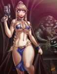  1girl alien armlet bikini blonde_hair blue_eyes braid breasts cleavage clenched_teeth crossover curvy female gun highres jabba_the_hutt karosu_maker large_breasts loincloth metroid metroid_(creature) navel pelvic_curtain princess_leia_organa_solo princess_leia_organa_solo_(cosplay) samus_aran sideboob star_wars swimsuit underboob weapon 