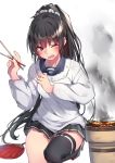 1girl black_hair chopsticks commentary_request cooking fish highres isokaze_(kantai_collection) kantai_collection kappougi one_eye_closed ponytail red_eyes single_thighhigh skirt smock soukou_makura standing_on_one_leg thigh-highs 