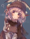  1girl animal_ears brown_clothes dress eyes_visible_through_hair hair_between_eyes hat highres leaning_forward long_sleeves looking_at_viewer mystia_lorelei open_mouth pink_hair puffy_long_sleeves puffy_sleeves red_eyes scarf shirt short_hair slit_pupils solo touhou usamata v_arms white_shirt wings 