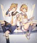  1boy 1girl 2girls blonde_hair brother_and_sister green_eyes hair_ornament hairclip hand_on_headphones headphones highres kagamine_len kagamine_rin multiple_girls qingshui_ai sailor_collar short_hair siblings smile twins vocaloid 