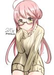  1girl ahoge alternate_costume blush dated double_bun glasses kantai_collection long_sleeves looking_at_viewer makigumo_(kantai_collection) nekobaka pink_hair ribbed_sweater simple_background sketch sleeves_past_wrists solo sweater twitter_username white_background yellow_eyes 