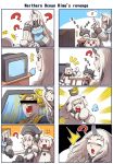  &gt;:d 4koma :3 :d ? apron bar_censor black_gloves censored choker claws comic destroyer_hime detached_sleeves dragon_ball dragon_ball_z dress enemy_aircraft_(kantai_collection) gloves gooster headgear highres horns kamehameha kantai_collection mittens multiple_4koma northern_ocean_hime open_mouth seaport_hime shinkaisei-kan side_ponytail silent_comic sleeping smile son_gokuu super_saiyan sweat television violet_eyes watching_television white_dress white_hair white_skin zzz 