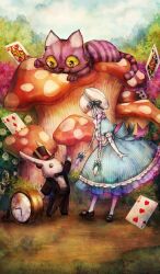  1girl alice_(fate) alice_in_wonderland analog_clock animal black_hat black_shoes black_suit blue_bow blue_dress bow braid card cat cheshire_cat_(alice_in_wonderland) clock commentary dress faceless faceless_female fate/grand_order fate_(series) five_of_diamonds full_body furry hat jack_(playing_card) jack_of_spades lasengle long_hair looking_at_another mini_person minigirl mushroom official_art pantyhose pink_cat playing_card puffy_short_sleeves puffy_sleeves queen_(playing_card) queen_of_hearts_(playing_card) rabbit shoes short_sleeves standing suit third-party_source three_of_hearts top_hat twin_braids very_long_hair white_hair white_hat white_pantyhose white_rabbit_(alice_in_wonderland) 