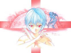  1girl 2006 ayanami_rei bare_shoulders blue_hair cross dated dominic_ian_cabatit evangelion_(mecha) expressionless full_moon hands_up looking_at_viewer mecha moon neon_genesis_evangelion nick-ian nude portrait red_eyes red_moon robot short_hair solo x_arms 
