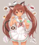  1girl animal_ears brown_eyes brown_hair candy candy_cane cookie doughnut dress food hair_ribbon hat highres kagerou_(shadowmage) kantai_collection kemonomimi_mode libeccio_(kantai_collection) long_hair macaron open_mouth pocky pudding ribbon sailor_dress solo tail twintails 
