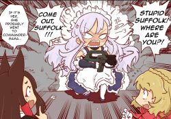 akagi_(azur_lane) anger_vein angry animal_ears assault_rifle azur_lane belfast_(azur_lane) fox_ears long_hair multiple_girls short_hair