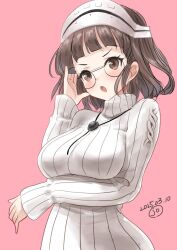  1girl blush breasts brown_eyes brown_hair dated dress eyewear_strap glasses hat headdress kantai_collection kitagawa_mikio large_breasts open_mouth pince-nez pink_background ribbed_dress roma_(kancolle) short_hair smile upper_body 