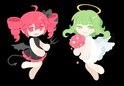  2girls ahoge alternate_costume angel angel_wings aurora black_background black_dress black_tail black_wings bouquet chibi chibi_only demon_girl demon_tail demon_wings dress drill_hair flower full_body green_eyes green_hair gumi hair_between_eyes hashtag-only_commentary holding holding_polearm holding_weapon kasane_teto kasane_teto_(sv) layered_dress multiple_girls nata_(na_88_ta) no_fingers open_mouth polearm red_dress red_eyes red_flower smile synthesizer_v tail trident twin_drills twintails utau vocaloid weapon white_dress white_wings wings 