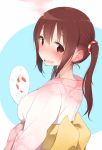  1girl blush breasts brown_eyes brown_hair ebina_nana fan from_side himouto!_umaru-chan japanese_clothes kimono long_hair looking_at_viewer looking_back nekoume open_mouth paper_fan solo twintails uchiwa wavy_mouth 