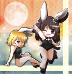  2girls ;d animal_ears arm_support arm_up armpits bare_arms black_hair blonde_hair bowtie bunny_girl bunny_tail bunnysuit chibi fishnet_pantyhose fishnets full_moon hair_ribbon hand_on_leg hat knees_up looking_at_viewer maribel_hearn moon multicolored_background multiple_girls one_eye_closed open_mouth pantyhose rabbit_ears red_eyes ribbon shadow short_hair showing_armpits side_glance sitting smile sparkle standing_on_one_leg tail touhou tsukiori_sasa usami_renko violet_eyes wrist_cuffs 