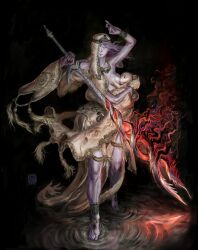  1boy 1girl 2025 absurdres anklet artist_logo artist_name aura baby bald barefoot black_background black_gemstone blue_eyes bracelet breastfeeding breasts circlet dark_aura dated elden_ring extra_arms foot_jewelry gem gloam-eyed_queen godskin_apostle gold_trim grey_hair highres holding holding_baby holding_sword holding_weapon jewelry leo_of_grimland logo looking_at_viewer medium_breasts queen red_aura sword weapon yellow_eyes 