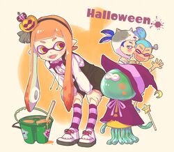  1girl 2boys bucket domino_mask fangs hair_ornament halloween halloween_costume hat inkling jellyfish liruty long_hair mask multiple_boys open_mouth pointy_ears pumpkin pumpkin_hair_ornament splatoon tentacle_hair witch_hat 