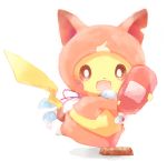  blush_stickers candy_bar chocoboo jibanyan jibanyan_(cosplay) ketchup kokoroko looking_at_viewer multiple_tails no_humans notched_ear open_mouth pikachu pokemon pokemon_(creature) solo tail two_tails white_background youkai_watch 