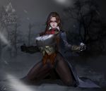  1girl arno_dorian assassin&#039;s_creed breasts brown_eyes brown_hair clenched_hand coat crotch_seam genderswap hidden_blade highres kneeling large_breasts long_hair looking_at_viewer lsr night pants solo tree 