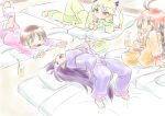  blonde_hair bridge brown_eyes brown_hair drinking_straw futon goshiki_agiri hair_ribbon kill_me_baby kogaku_kazuya long_hair multiple_girls open_mouth oribe_yasuna pajamas purple_hair redhead ribbon short_hair snack sonya_(kill_me_baby) twintails unused_character violet_eyes 