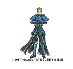  1boy arm_guards armor blue_eyes copyright_notice crossed_arms fire_emblem fire_emblem:_mystery_of_the_emblem fire_emblem_heroes full_body gloves green_hair holding izuka_daisuke looking_at_viewer luke_(fire_emblem) male_focus official_art pants pauldrons shoulder_armor solo standing white_background 