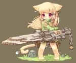  1girl animal_ears blonde_hair blush commentary_request furry kishibe long_hair original red_eyes simple_background solo tail weapon 