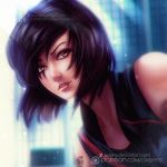  1girl alexandra_mae black_hair brown_eyes face facial_mark faith_connors light_particles mirror&#039;s_edge solo tattoo vest watermark web_address 