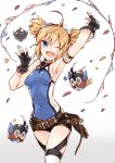  1girl 218 ahoge armlet armpits bare_shoulders belt black_gloves blonde_hair blue_eyes blush confetti fang fingerless_gloves gloves goggles goggles_on_head granblue_fantasy one_eye_closed open_mouth pengie short_hair short_twintails shorts smile solo twintails 