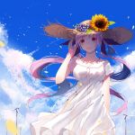  1girl :d absurdres bangs blue_flower blue_sky blush breasts brown_headwear clouds cloudy_sky collarbone commentary day dress eyebrows_visible_through_hair flower hand_up hat hat_flower highres hololive long_hair looking_at_viewer medium_breasts minato_aqua open_mouth orange_flower outdoors petals purple_hair re:rin short_sleeves sky smile solo straw_hat sunflower twintails very_long_hair violet_eyes virtual_youtuber white_dress wind_turbine windmill 