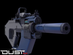 3d autodesk_3ds_max_(medium) black_background caldari_state_(eve_online) commentary copyright_logo copyright_name dust_514 eve_online flewda_(josh_powers) glint glowing gun highres logo no_humans official_art photoshop_(medium) realistic science_fiction simple_background submachine_gun suppressor weapon weapon_focus 