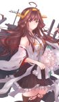  1girl antiqq bare_shoulders boots bouquet brown_hair cannon detached_sleeves double_bun flower hair_ornament hairband headgear japanese_clothes kantai_collection kongou_(kantai_collection) long_hair nontraditional_miko skirt smile solo thigh-highs thigh_boots turret 