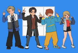  1girl 3boys amane_sachika azkn black_jacket blonde_hair blue_hoodie brown_eyes brown_hair closed_eyes earrings full_body hood hoodie inoue_shouma jacket jewelry kamen_rider kamen_rider_gavv_(series) karakida_hanto lakia_amarga long_hair multiple_boys open_mouth pants short_hair simple_background smile two-tone_hoodie yellow_pants 