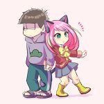  /\/\/\ 1boy 1girl animal_ears between_legs black_hair blush boots cat_ears cross-laced_footwear green_eyes hashimoto_nyan holding_hands hoodie ichimatsu jitome knee_boots looking_away messy_hair multicolored_hair osomatsu-kun osomatsu-san pants pink_background pink_hair sandals school_uniform shaded_face shakata_(syakatan) simple_background single_vertical_stripe skirt streaked_hair tail tail_between_legs track_pants 