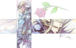  2009 2boys androgynous armor bandana beads bishounen blonde_hair dated dominic_ian_cabatit emperor_(ff2) expressionless eyeliner final_fantasy final_fantasy_ii firion flower forehead_jewel from_side hair_beads hair_ornament lipstick long_hair makeup male_focus multiple_boys nick-ian profile purple_lips red_eyeliner rose sheath sheathed short_hair solo sword timestamp weapon white_hair yellow_eyes 