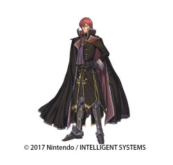  1boy armor armored_boots boots cape copyright_notice fire_emblem fire_emblem:_mystery_of_the_emblem fire_emblem_heroes full_body gloves izuka_daisuke long_hair male_focus michalis_(fire_emblem) official_art red_eyes red_hair solo white_background 