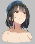  1girl black_hair hat isshiki_(ffmania7) kantai_collection portrait red_eyes short_hair simple_background sketch solo takao_(kantai_collection) topless upper_body 