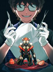 2boys armor brown_armor brown_hair food fruit glasses gloves highres holding holding_scalpel kamen_rider kamen_rider_gavv_(series) kamen_rider_valen male_focus multiple_boys oresanjyo plate scalpel smile strawberry suga_kenzo surgical_scissors white_gloves 