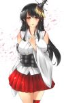 1girl bare_shoulders black_hair breasts detached_sleeves en_(paorasuteki) fusou_(kantai_collection) hair_ornament hand_on_own_chest japanese_clothes kantai_collection long_hair nontraditional_miko obi open_mouth petals red_eyes sash skirt smile solo 