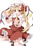  1girl :d ascot blonde_hair bow fang flandre_scarlet hair_bow hat mob_cap open_mouth puffy_short_sleeves puffy_sleeves red_eyes ruu_(tksymkw) short_sleeves side_ponytail skirt skirt_set smile touhou wings wrist_cuffs 