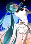  1girl aqua_hair bow closed_eyes enomoto_kankuro frills hatsune_miku long_hair microphone midriff open_mouth outstretched_arm ribbon singing skirt solo teeth twintails vocaloid wings 