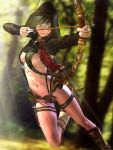  1girl 3d archery arrow belt bow_(weapon) breasts dagger drawing_bow highres hood iryda lips long_sleeves navel original sheath sheathed solo thigh_strap weapon 