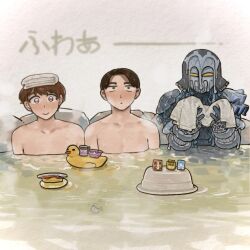  3boys bath bathing brown_eyes brown_hair fish_nwn gochizo highres inoue_shouma kamen_rider kamen_rider_gavv_(series) karakida_hanto lakia_amarga male_focus monster multiple_boys partially_submerged same-sex_bathing shared_bathing short_hair simple_background steam violet_eyes yellow_eyes 
